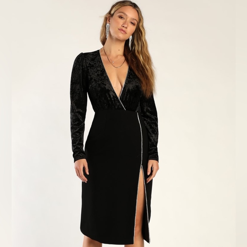 Lulus 2-Piece Don’t Give a Glam Velvet Black Rhinestone Bodysuit & Skirt